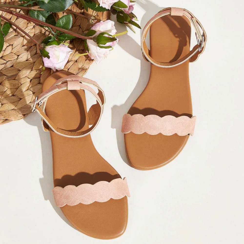 Scalloped Trim Buckle Strap Flat Sandals